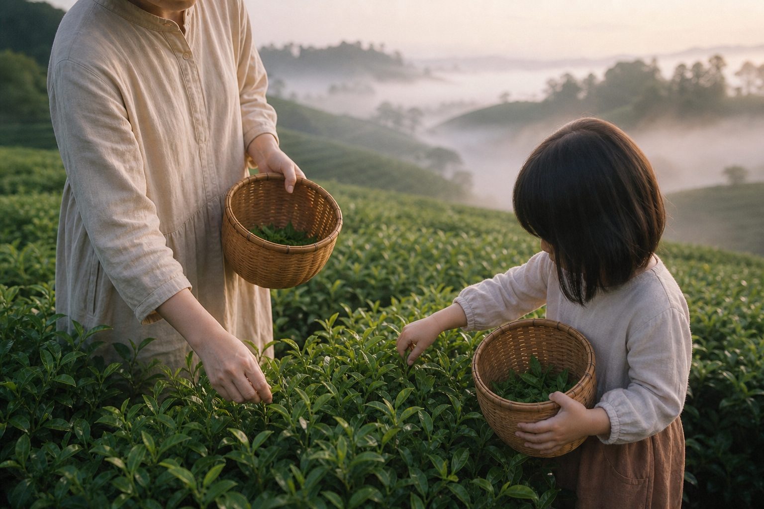 朝食卓に並ぶ茶碗と和菓子、湯気の立つ煎茶